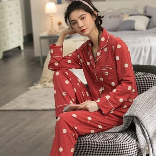 2020 ji jian feng Autumn Female Cotton Nightgown Polka Dot Pajamas Long-Sleeve Suit Lapel Early Autumn Cardigan Leisure Tops