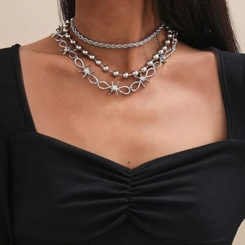 New 2021 Vintage Multilevel Collar Necklaces For Women Female Fashion Silver Color Punk Large Bead Rope Knot Chain Jewelry Gift
