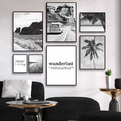 Travel Posters Landscape Canvas Painting Mountain Road Street Palm Tree Print Caravan Poster Black and White Wall Art Picture