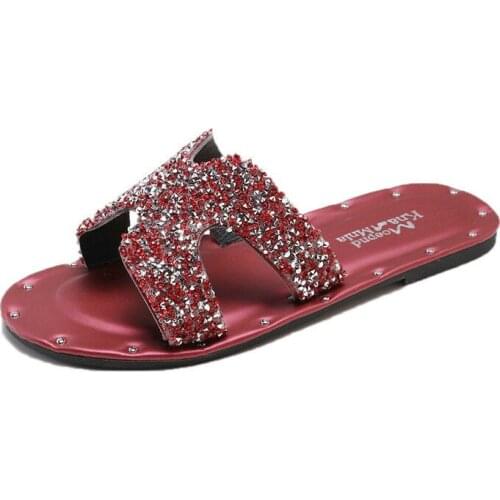 Summer New Women Slides 2021 Lady Fashion Solid Color Flat Shoes Sandals Red Bling Sequins Womens All-match Casual Slippers