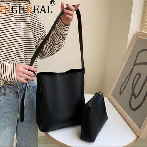 HIGHREAL Womens Shoulder Bags PU Leather Crossbody Bags For Women Bucket Bags Ladies Hand Bags With Wide Belt Travel Handbag