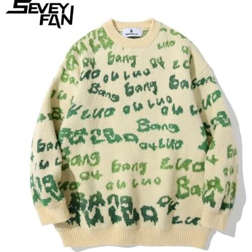 SEVEYFAN Sweater Mens Hip-Hop Letters Full-Print Jacquard Sweater Men and Women Harajuku Pullover Knitwear