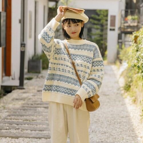 Printing Cashmere Sweater Womens Autumn Winter Pullover Loose Round Neck Vintage Knitting Jumper Women Long Sleeve Top Female