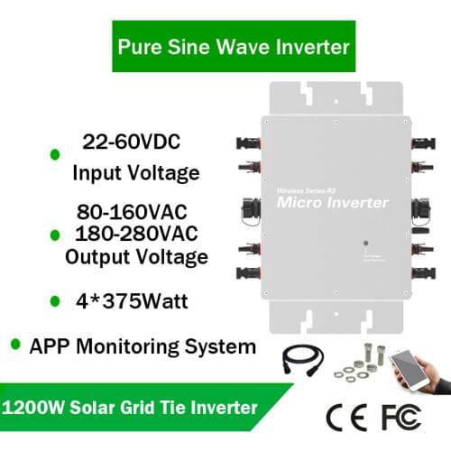 Charge for 4*375Watts PV Panels WVC1200 Solar Grid Tie Inverter DC 22-60V to AC 120V230V 50HZ60HZ