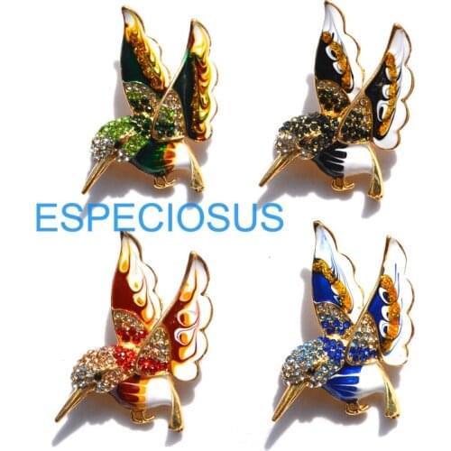 Elegant Pin Gold Color Women Brooch Rhinestone Gifts Cartoon Humming Bird Breast pin Accessories Jewelry Four Color Painted