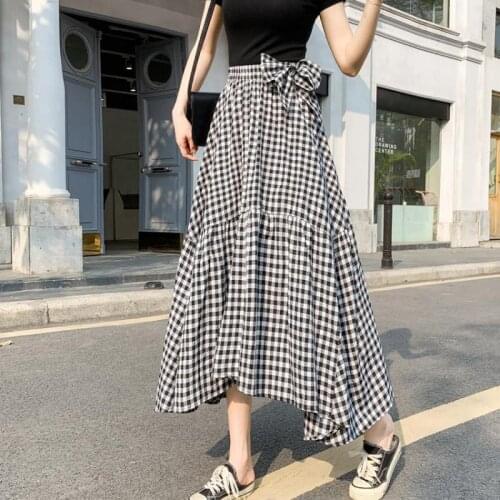 2021 Summer New Japanese High Waist Slim Simple Black Plaid Pleated Skirt Casual Loose Women A-line Long Skirt Free Shipping