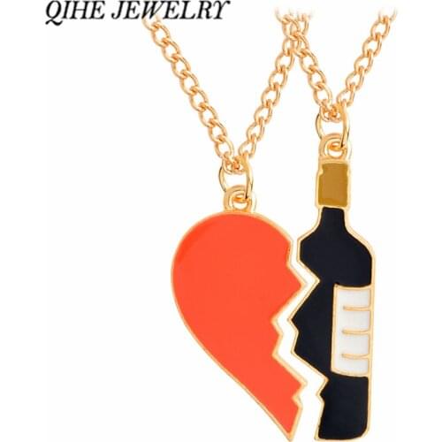 QIHE JEWELRY 2 pieces Heart and wine pendant necklace Best friend girlfriend boyfriend couple jewelry Anniversary gifts