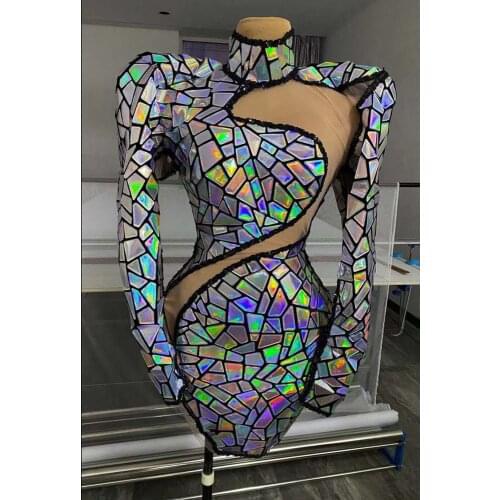 Fashion Hollow Out Patchwork Mesh Sequin Party Dress Women Sexy Backless Prom Bodycon Dress Nightclub DJ Singer Dance Stage Wear
