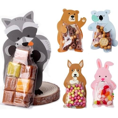 10pcs Cute Animal Plastic Candy Bag Koala Rabbit Bear Kids Birthday Snack Nuts Favor Bag Clear Cellophane Bag with Lovely Cards