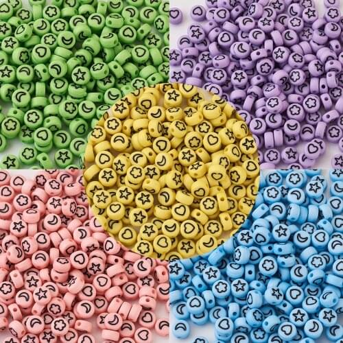 1000pcs Acrylic Beads Flower Star Moon Heart Flat Round Loose Spacer Beads For Jewelry Making DIY Bracelet Accessories 5 Colors