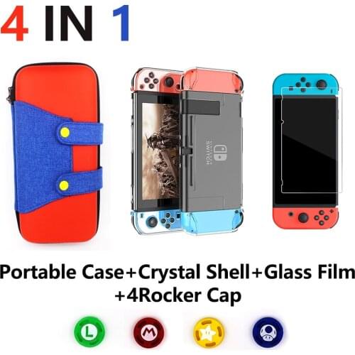4 in 1 for Nintend Switch NS Console Carrying Storage Bag Protector +Anti-scratch Dustproof Transparent Crystal Shell+ NS Skin