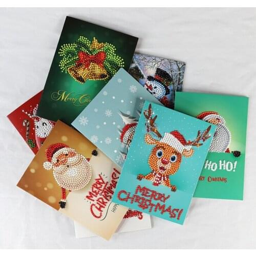 8Pcs Merry Christmas Greeting Cards DIY Diamond Painting Handmade Round Drill Greeting Cards Rhinestones Embroidery Arts Crafts