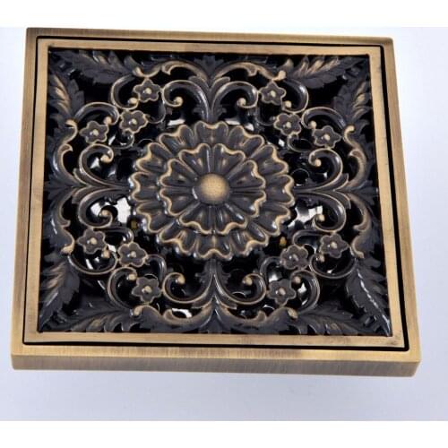 Antique Brass Vintage Retro Carved Flower Pattern Bathroom Shower Drain 4" Square Floor Drain Waste Grates ahr074