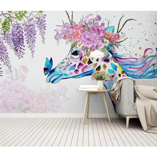 XUE SU Large custom mural wallpaper Nordic simple hand-painted giraffe flower background wall decoration painting
