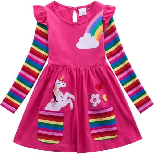 Girls Dresses For Unicorn Baby Girl Long Sleeve Party Rainbow Dress With Pocket 2019 Autumn 3 4 5 6 7 yrs Kids Children Clothing