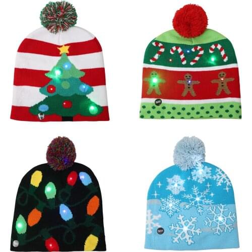 Snowflake Crutch Pompom Elastic Christmas Hat LED Light Warm Knitted Beanie Winter Hat For Unisex Hat Knitted Beanies Cap Hat
