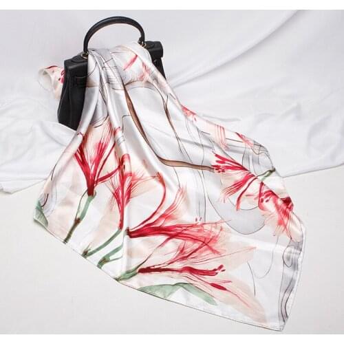 FXAASS Bandana Women Hijab Square Scarf Fashion Ladies Retro Luxury Silk Scarf Shawls Flame flower 90*90cm Large Cape Headscarf