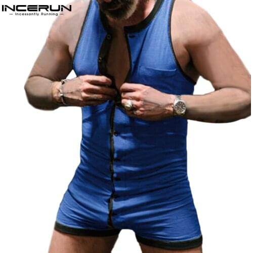 INCERUN 2021 Men Pajamas Rompers Homewear Striped Comfortable Sleeveless Jumpsuit Button Fitness Sleepwear Men Playsuits S-5XL