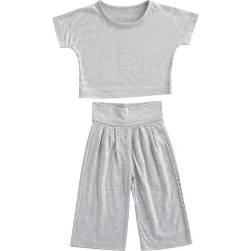 2021 0-6Y Casual Kids Baby Girl Clothes Set Grey Solid Short Sleeve T-shirt+High Waist Wide Leg Pants Summer 2pcs Tracksuit