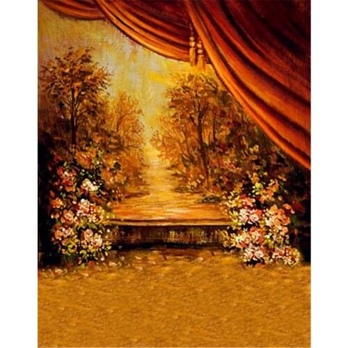 Red Curtain Gold Sunshine Flowers Tree Grass Road Photography Backdrop 5x7 Background For Wedding Photo Shoots Studio Backdrops