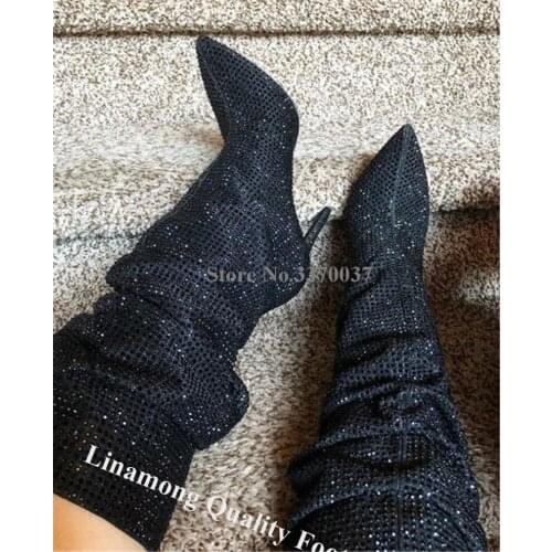Linamong Bling Bling Rhinestone Stiletto Heel Over Knee Boots Black Silver Blue Red Crystal Long High Heel Boots Wedding Shoes