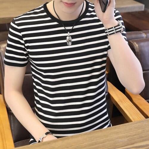 2021 Summer Mens Short-Sleeved Striped T-shirt Cotton Round Neck Black and White Pinstripe Base Casual Shirt Tops M-4XL