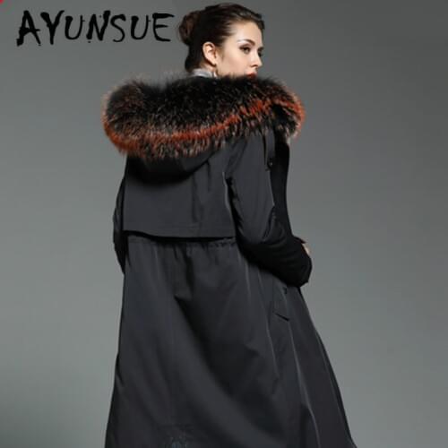 2020 New Real Fur Coat Women Rex Rabbit Fur Coat Winter Coat Women Raccoon Fur Collar Hooded Warm Parka DHM18JWS-2 YY1604