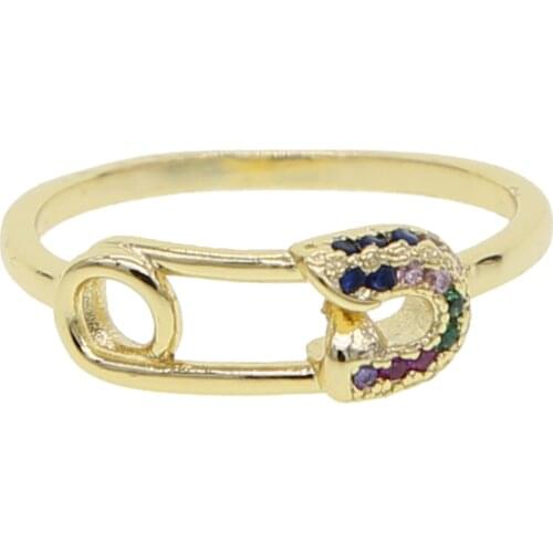 New arrived unique gold filled cz pin ring jewelry rainbow CZ engegament safety pin rings for women girls lady wedding gift