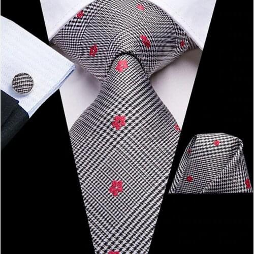 Hi-Tie Mens Tie 8.5cm Blue Black Plaid Floral Silk Wedding Tie For Men Design Hanky Cufflink Quality Men Tie Set Dropshipping