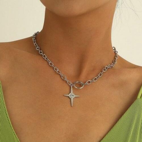 Vintage Punk Alloy Cross Asterism Star Pendant Necklace Women Trendy Thick Chain Geometric Clavicle Necklace Colar Jewelry Gift
