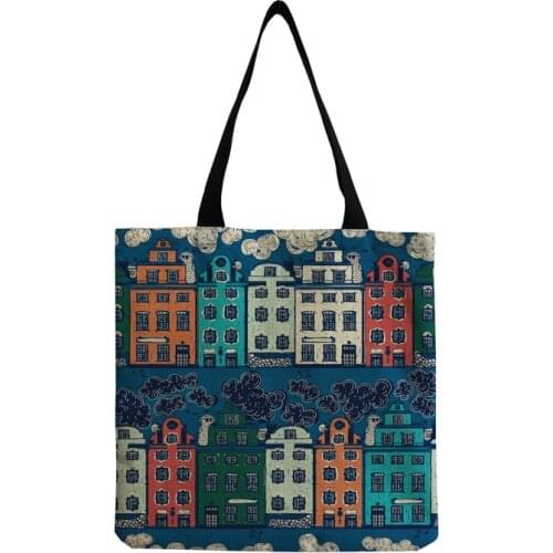 Large Capacity Practical Daily Shopping Bag Cartoon Building Linen Printed Bag Art Creativity Personality Tote Bags for Women