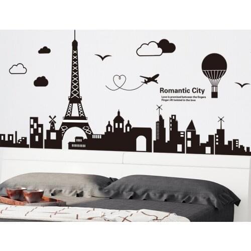 [shijuekongjian] Black Color Paris Tower City Walll Sticker DIY Buildings Mural Decals for Living Room Baseboard Home Decoration