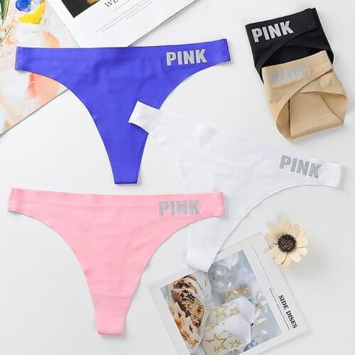 Sexy Seamless PINK Letter Thongs Womens Ice Silk Underwear Solid Color Low Waist G-String Comfort Lady Intimates Lingerie Tanga