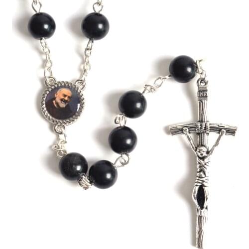 Trendy Unisex Round Black Stone Beads St Pio and Pope Rosary Necklace