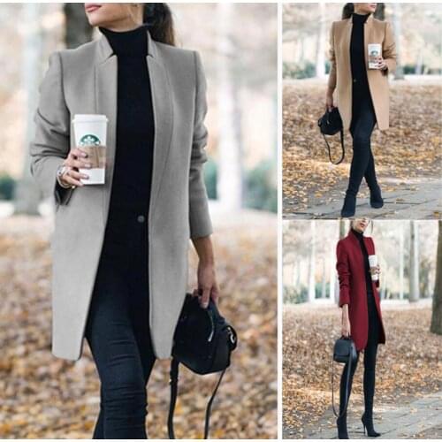 Womens elegant long wool coat solid color long sleeve chic coat womens coat autumn and winter 2021