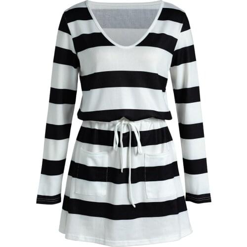Women Summer Dress Stripe V-Neck Long Sleeves Drawstring Waist Casual Skirt With Pockets For Girls 6 Colors