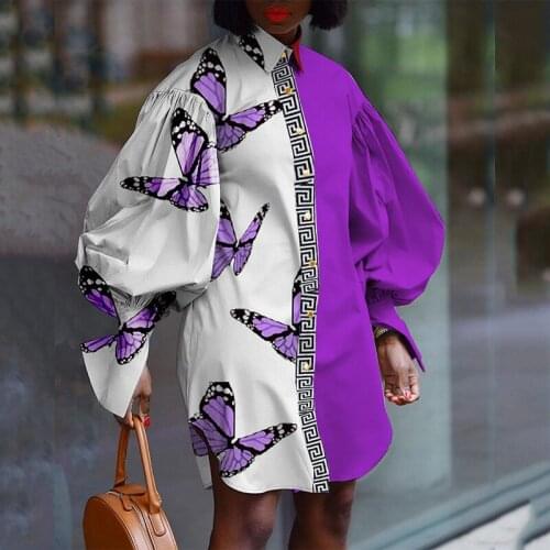 White Purple Stitching Butterfly Print Dresses Women 2021 Summer Long Sleeves Turn-down Collar Single-breasted Bodycon Dress New