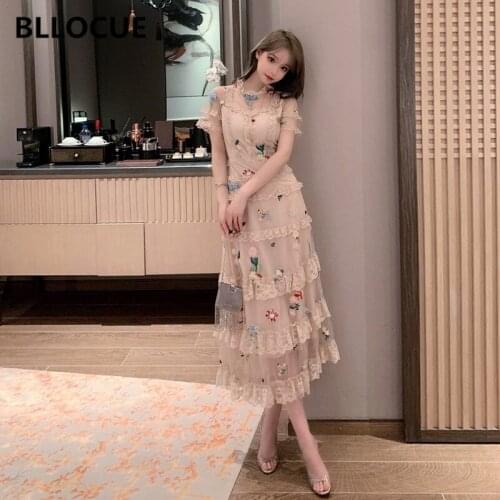 BLLOCUE Retro Stand Collar Short Sleeve Embroidery Flower Cake Dress Summer New Women Mesh Lace Ruffle Fashion Runway Dress