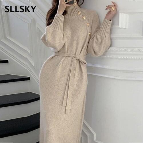 SLLSKY Solid Belt Knitted Women Dress 2021 Autumn Turtleneck Pullover Sweater Dress Female Long Sleeve Button Mid-calf Dress