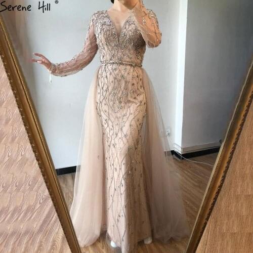 Serene Hill Luxury V-Neck Grey Evening Dress 2020 Long Sleeves Diamond Mermaid Beading Formal Party Gown CLA70341