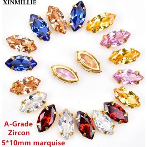 10pcs 5A-Grade Zircon 5*10mm Marquise Rhinestones In Gold Claw Super Flash Crystal Sewing Luxury Wedding Garment/Bags/Shoes DIY