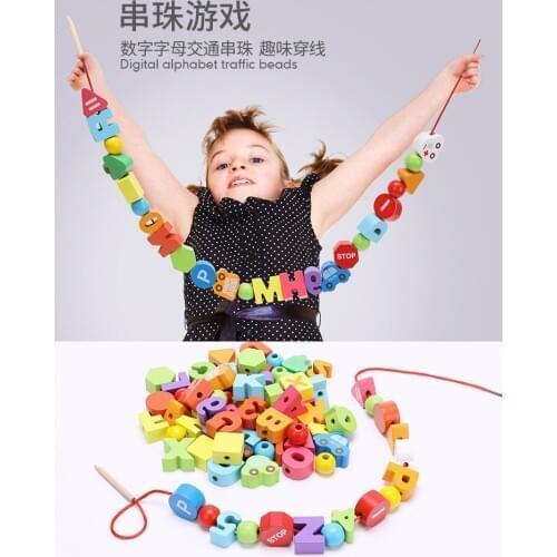 40pcs/pack Traffic digital letter Wooden Toys Hedgehog Fruit Beads Tying Threading Spheres Game Toys for Baby Kids Children M55
