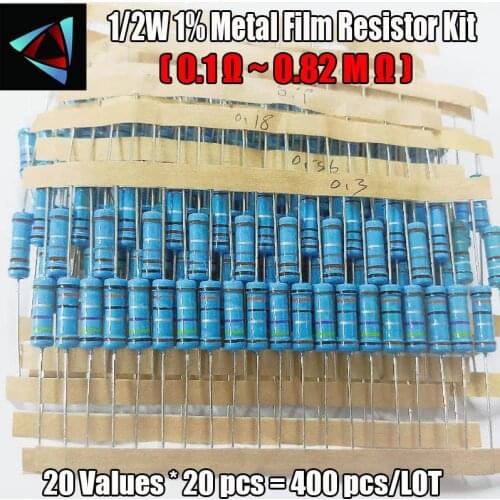 420pcs 1/2W 1% 21Values 0.1-0.91 ohm Metal Film Resistor Assorted Kit Colored Ring Resistor Resistance