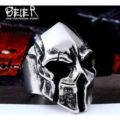 Beier 316L Stainless steel Mens Gothic Biker Punk Vintage Ring Spartan Helmet Nordic Pagan Viking Rings LR414