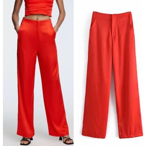 TRAF Pants For Women Za High Waist Red Satin Pants Woman Wide Leg Fluid Trousers Autumn Fashion Office Elegant Loose Pants