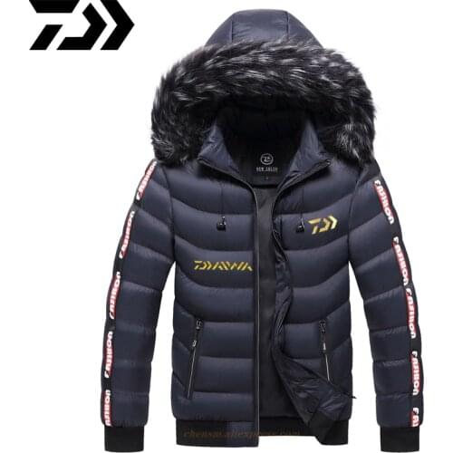 DAIWA 2020 Parka Men Winter Fur Hooded Jackets Thick Windbreaker Outwear Warm Coats Solid Fishing Clothing Plus Size L-5XL
