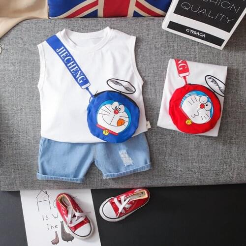 2021 Summer Kids Infant Casual Sleeveless Suits Baby Boys Doraemon Bag Top+Ripped Jeans 2-piece Fashion Toddler Girls Clothing