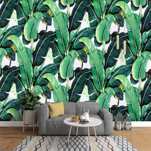 European vintage hand-painted rainforest plants banana leaf garden mural background wall specializing in the production of wallp