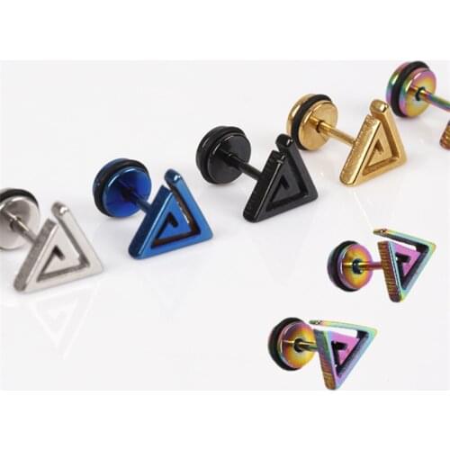 1 Pc Unisex Hypoallergenic Maze Triangle Shaped Titanium Steel Ear Stud Color Black Sliver Blue Gold