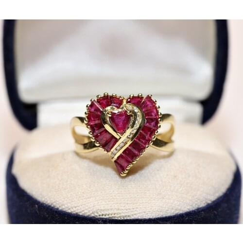 Perfect Old 18K Gold Vintage Natural Diamond and Caliber Ruby Decorated Strong Heart Syle Ring4.8 GRAMS